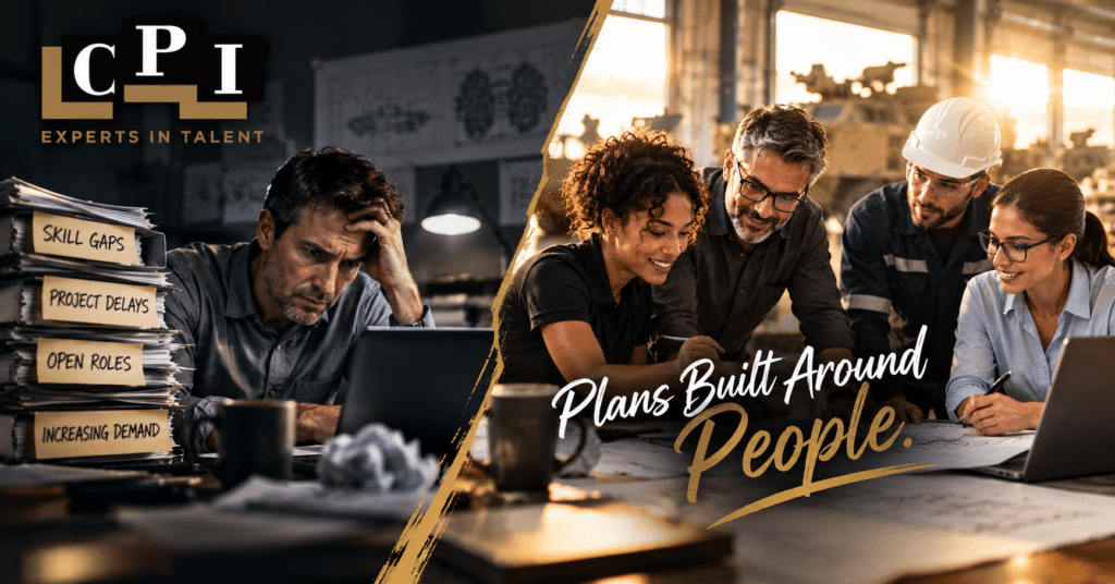 Flexible workforce planning illustrated through a before-and-after comparison of a stressed manager facing staffing challenges and a collaborative technical team developing workforce solutions.